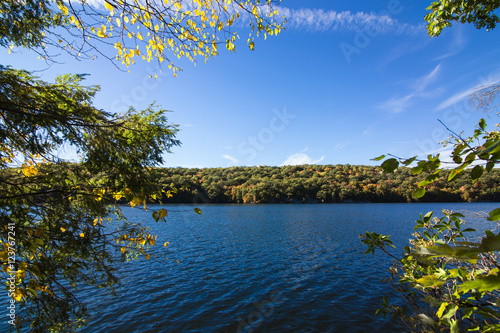 beautiful lake landscape with colorful foliage © baconstudiony
