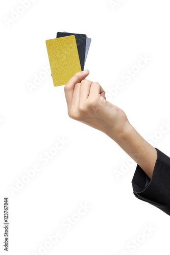 Credit card on hand of business women. Isolated on white background
