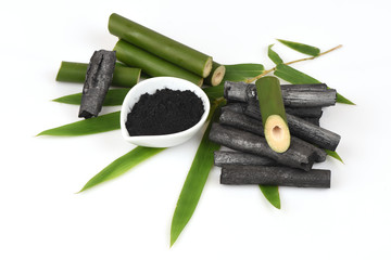Bamboo charcoal burned and bamboo fresh in the basket and Bamboo charcoal powder.