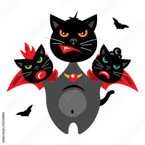 Vector Halloween Three-headed Dragon cat Cartoon Illustration.