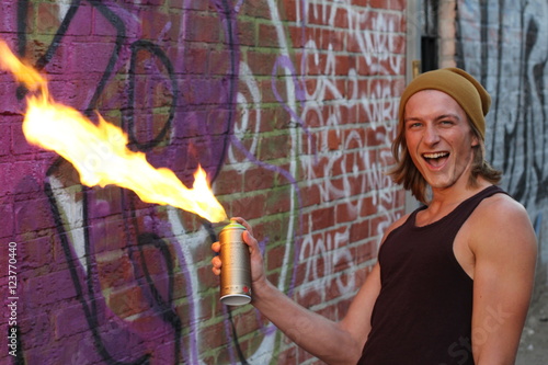Pyromaniac having fun with flammable can