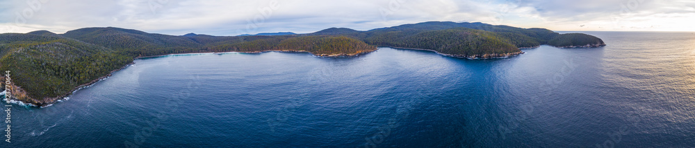 Aerial panorama of Fortescue Bay. Tasman National Park, Victoria, Australia