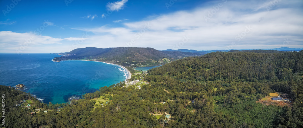 Aerial panorama of Eaglehawk Neck, East Coast, Tasmania, Australia