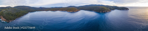 Aerial panorama of Fortescue Bay. Tasman National Park, Victoria, Australia