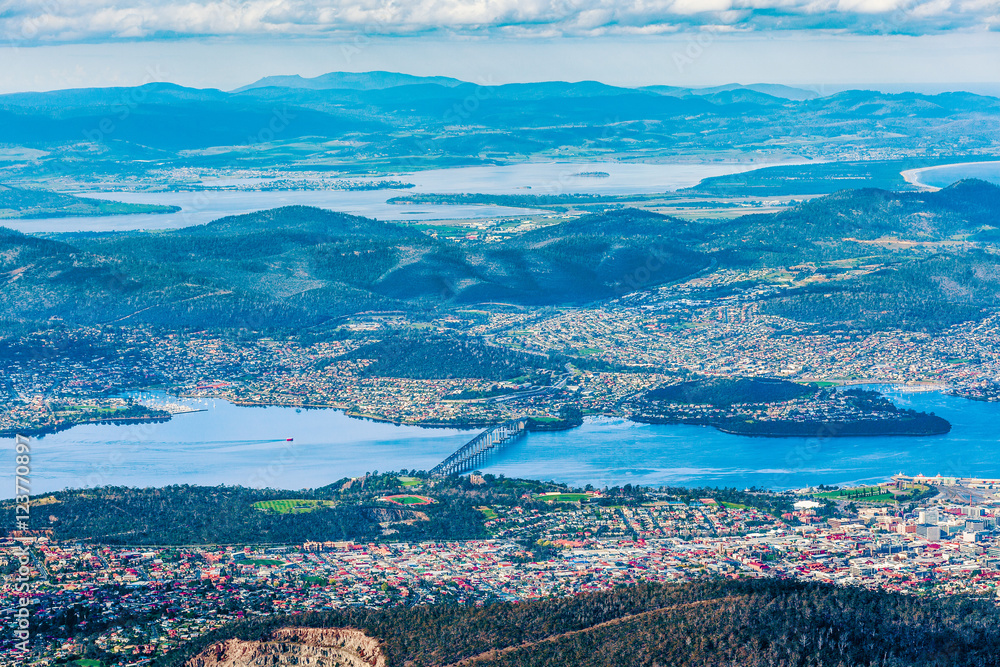 Aerial view of Tasman Bridge and Hobart, Tasmania, Australia