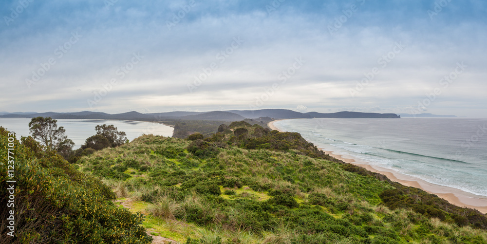 View of The Neck from lookout. Bruny Island, Tasmania, Australia.