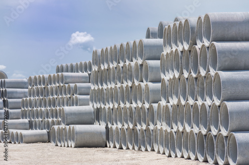 Stack of concrete drainage pipes for wells and water discharges