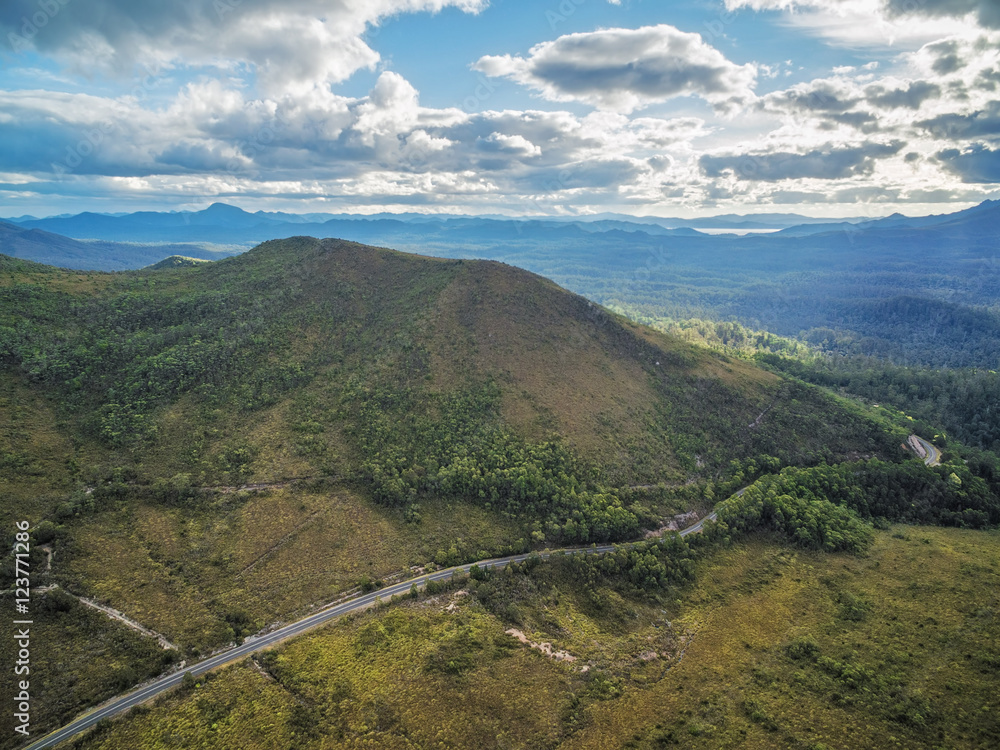 Fototapeta premium Beautiful Mountainous aerial landscape along Gordon River Road, Florentine, Tasmania, Australia