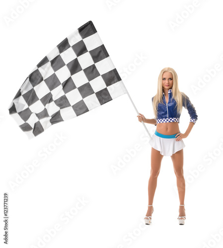 Studio photo of pretty blonde with checkered flag