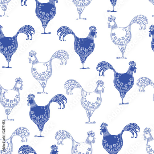 Background cartoon stylized rooster ornament blue and white. 