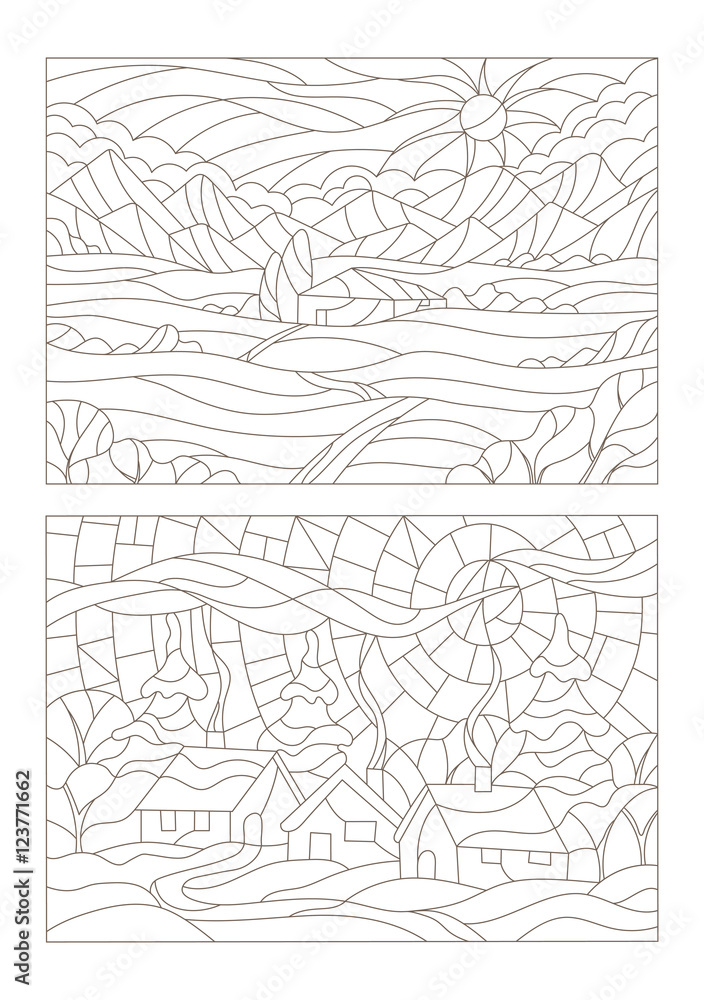 Set contour illustrations of the stained glass Windows with landscapes Set contour illustrations of the stained glass Windows with landscapes