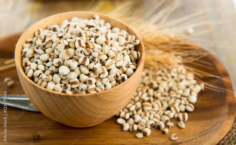Millet the organic grain food in wood bowl on wood table Millet the organic grain food in wood bowl on wood table