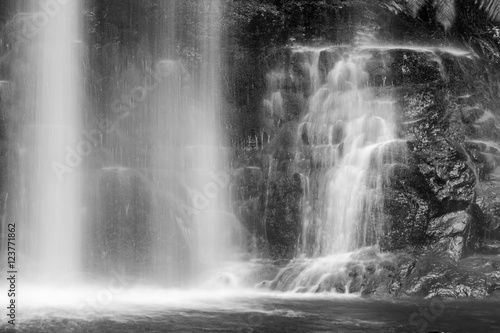 Famous Russel Falls closeup in black and white. Mount Field National Park, Tasmania, Australia