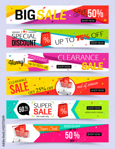 Collection of horizontal holiday sale banner template. Vector illustrations for marketing, online shopping, mobile banner, advertising poster, ads, mailings and seasonal sales.