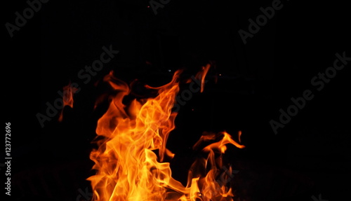 Night outdoor photography of the burning wood and flame