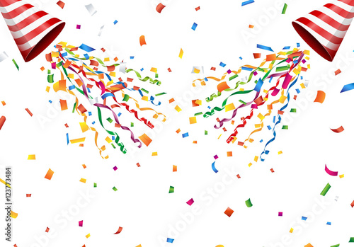 Exploding party popper with confetti and streamer on white background Vector
