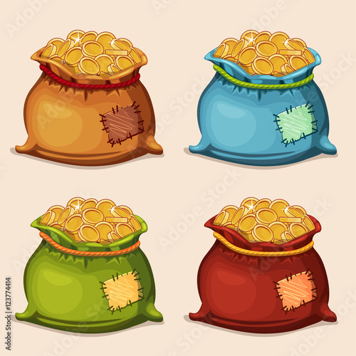 cartoon colors full bag of gold coins in vector