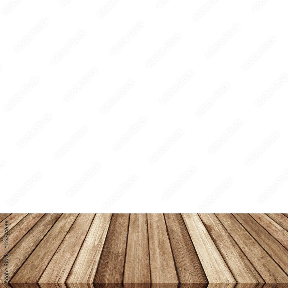 Wood plank brown on white backgroun, Perspective floor.