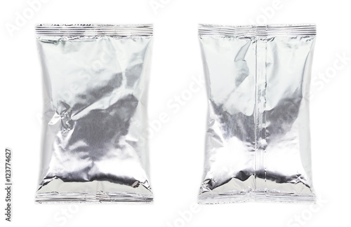 Aluminium bag package,  front and back isolate on white backgrou