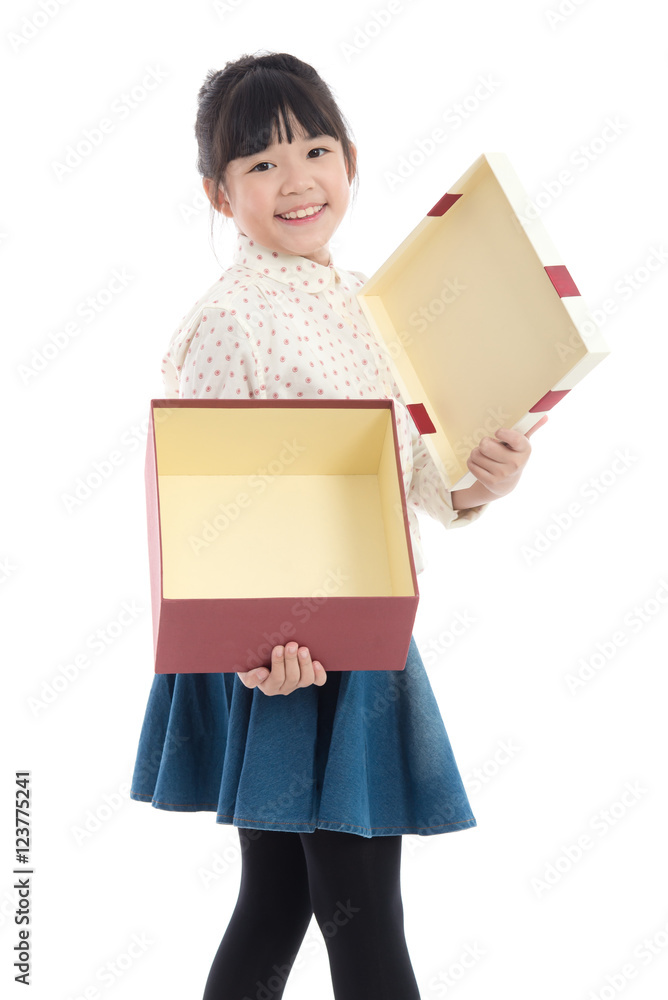 asian girl opening gift present box on white background isolated asian girl opening gift present box on white background isolated