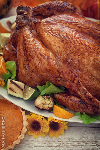 Thanksgiving Turkey dinner on white wooden table