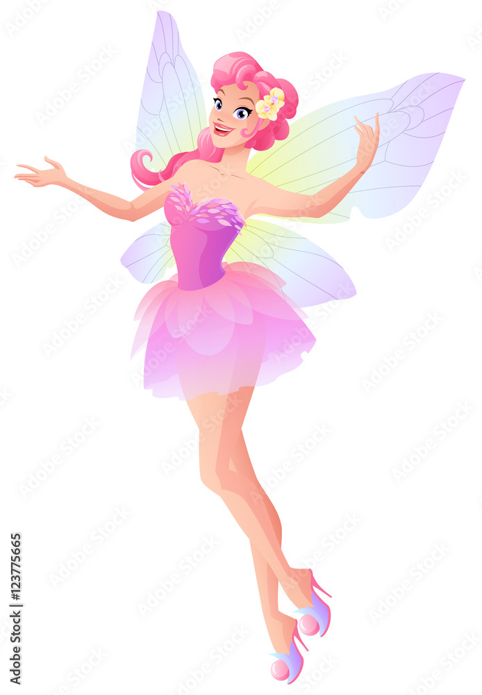 Pink fairy with butterfly wings flying and presenting. Vector illustration. Pink fairy with butterfly wings flying and presenting. Vector illustration.