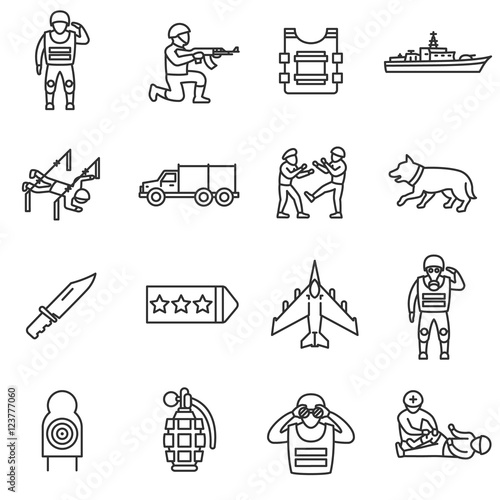 Army, line icons set. Military service, symbols collection. Servicemen. Training and preparation of soldiers, vector linear illustration