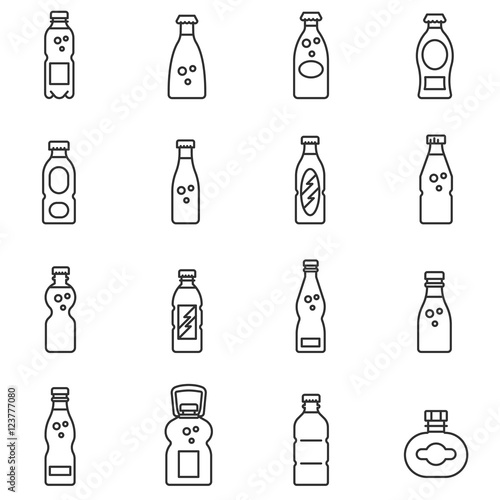 Bottles, line icons set. Bottle with liquid collection, vector linear illustration