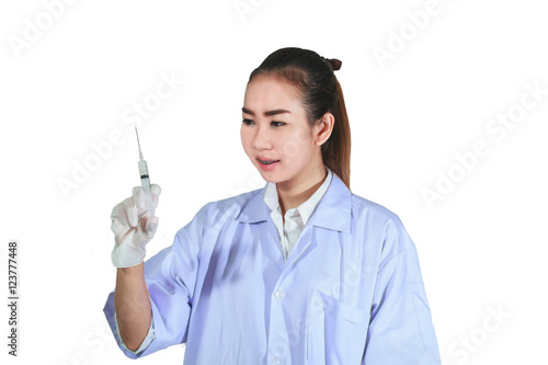 Doctor holding medical injection syringe and Medicine plastic va