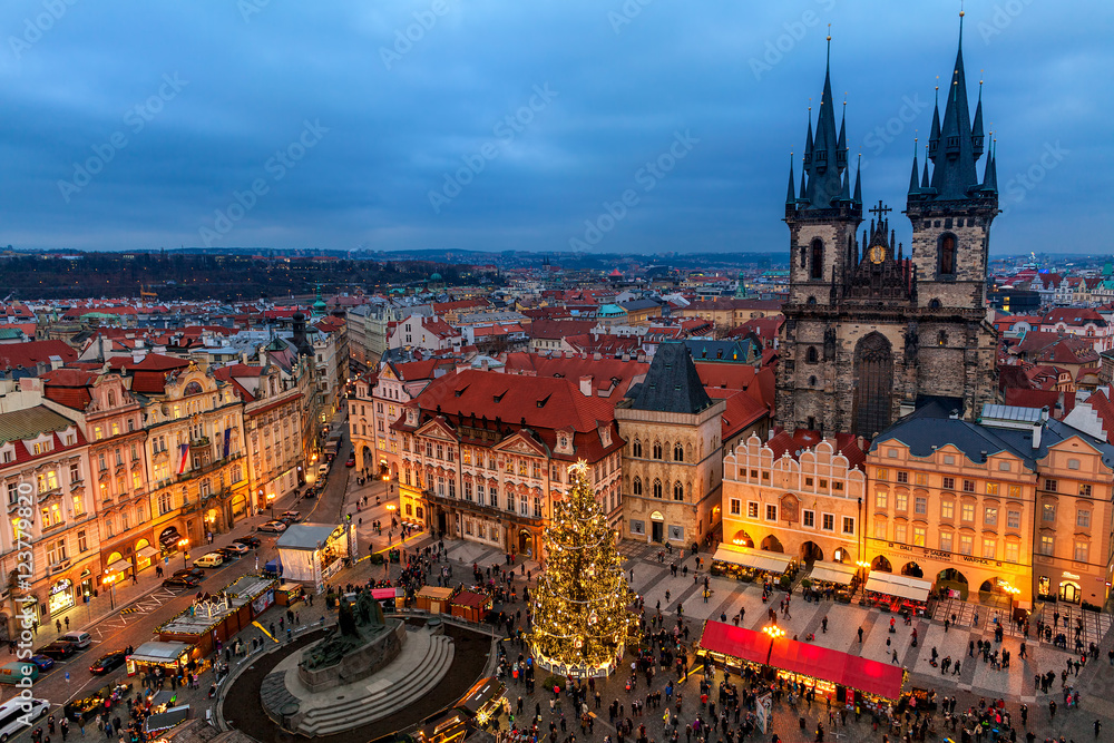 Old Town Square and Christmas market in Prague.