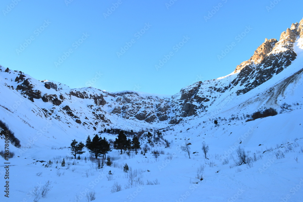 Beautiful mountains landscape with sky. snowy mountains.