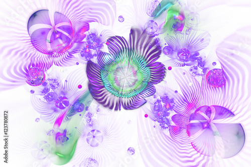 Fototapeta Naklejka Na Ścianę i Meble -  Abstract flowers on white background. Computer-generated fractal in emerald green, violet and pink colors.