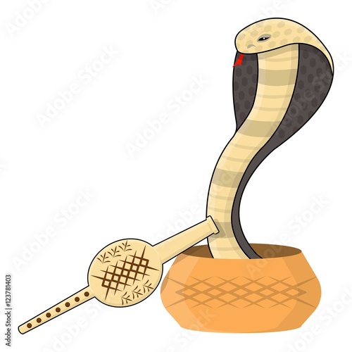Snake and pungi icon in cartoon style isolated on white background. India symbol stock vector illustration.