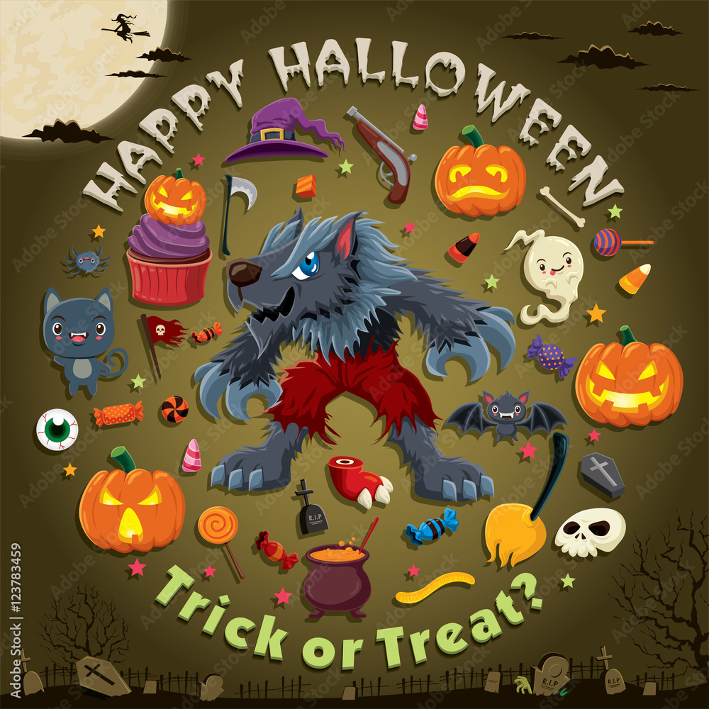 Vintage Halloween poster design with vector wolf man character.