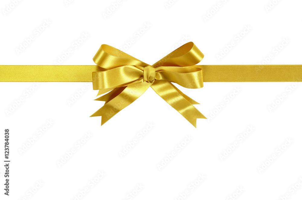 Gold bow gift ribbon straight horizontal banner border isolated on white background for birthday or christmas gift decoration design photo Gold bow gift ribbon straight horizontal banner border isolated on white background for birthday or christmas gift decoration design photo