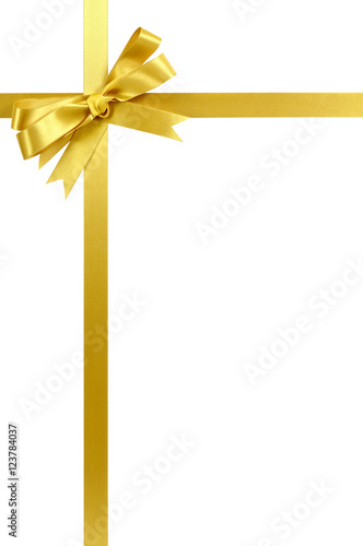 Gold bow gift ribbon frame border isolated on white background for birthday or christmas gift decoration design photo vertical