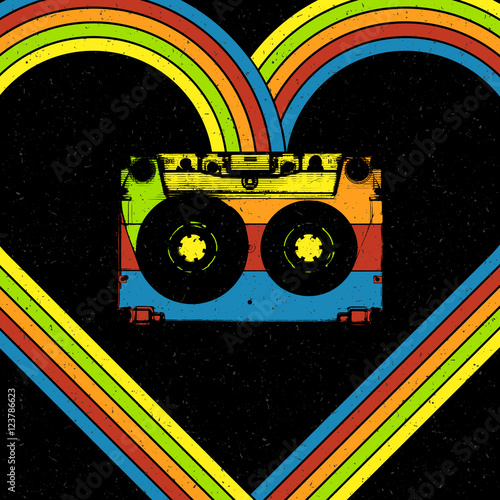 Disco music concept illustration. Audiocassette in heart shaped