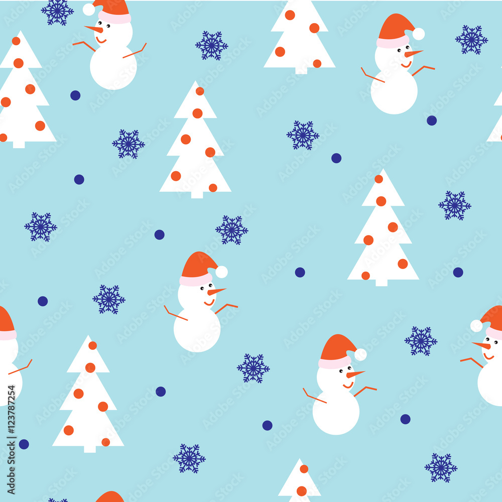 Christmas seamless pattern with snowman, Christmas tree and snowflakes on a cool blue winter background Christmas seamless pattern with snowman, Christmas tree and snowflakes on a cool blue winter background