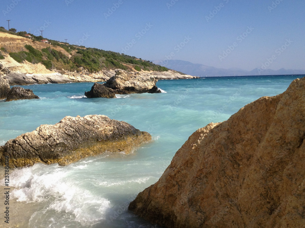 Wild coast of Zakynthos island bathed in the turquoise ionian se