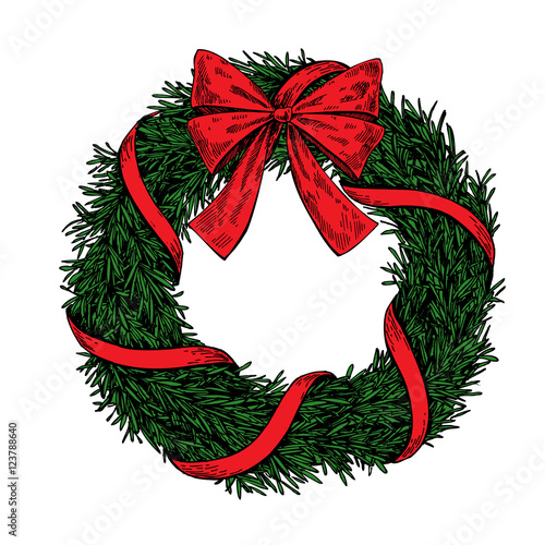 Christmas wreath. Vector hand drawn illustration with fir tree b