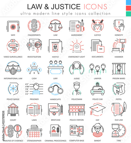 Vector Law and justice ultra modern color outline line icons for apps and web design.