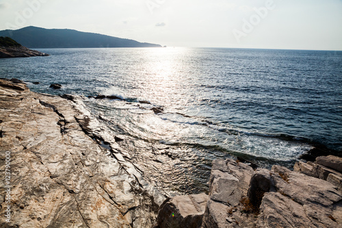 Aegean seashore and marble rocks in Aliki, Thassos island, Greece