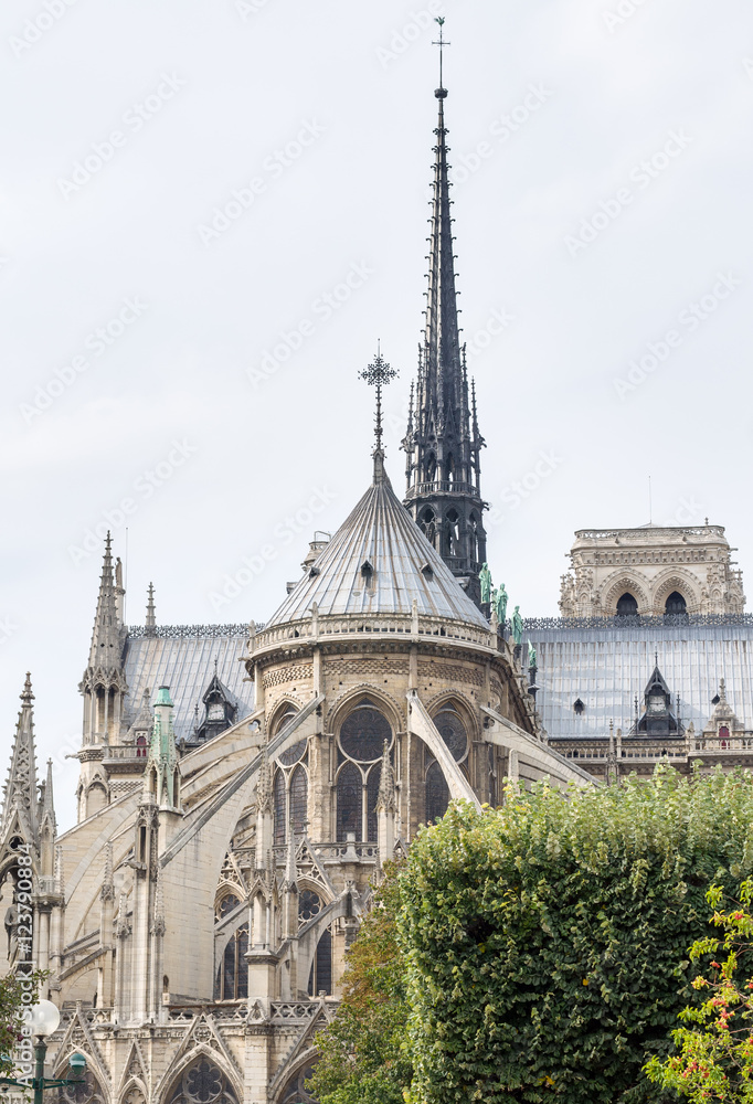 The east facade of catholic cathedral Notre-Dame de Paris.