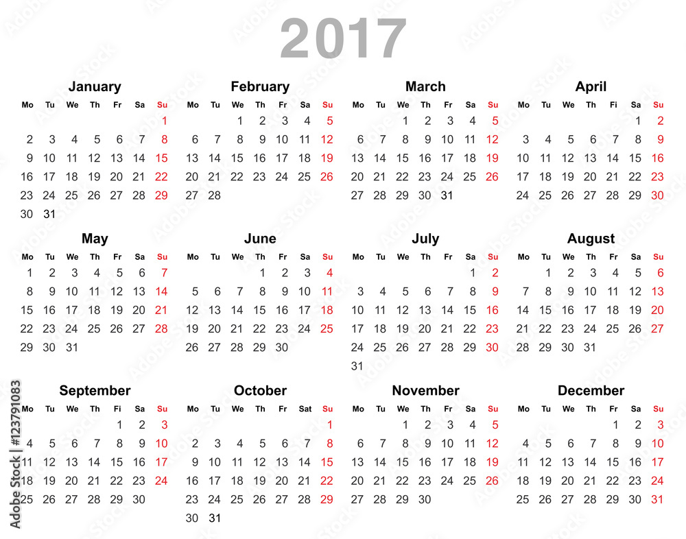 2017 year annual calendar (Monday first, English) 2017 year annual calendar (Monday first, English)