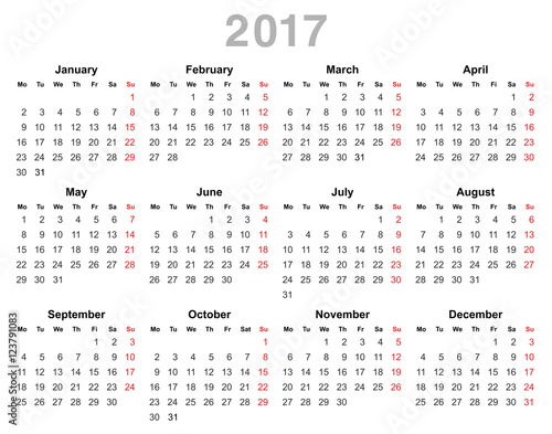 2017 year annual calendar (Monday first, English)