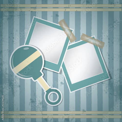 Template frame design for baby photo with rattle toy, old retro style
