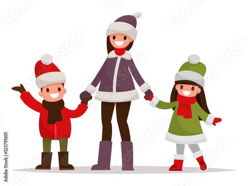 Mom with kids dressed in winter clothes outdoor. Vector illustra