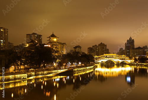 Rivers with city modern architecture background Night