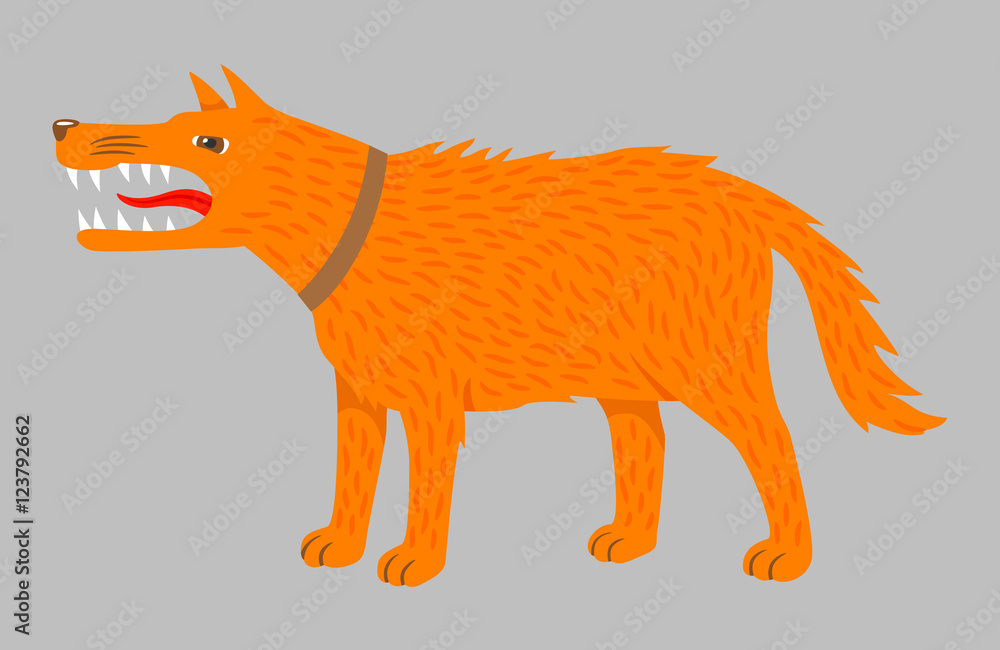 Angry ginger dog. Vector on grey. Agressive dog with sharp teeth Stock