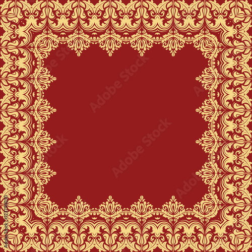 Classic vector square frame with arabesques and orient elements. Abstract fine red and golden ornament with place for text